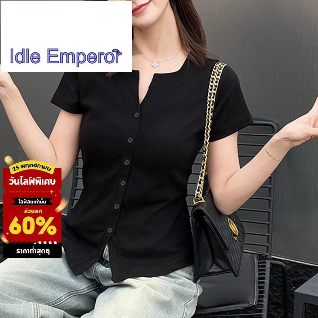 (Trendy) Lovito สบายๆปุ่มธรรมดาแยกด้านหน้าฤดูใบไม้ผลิ/ฤดูร้อนสีดําเสื้อยืดสําหรับผู้หญิง L135A2D216