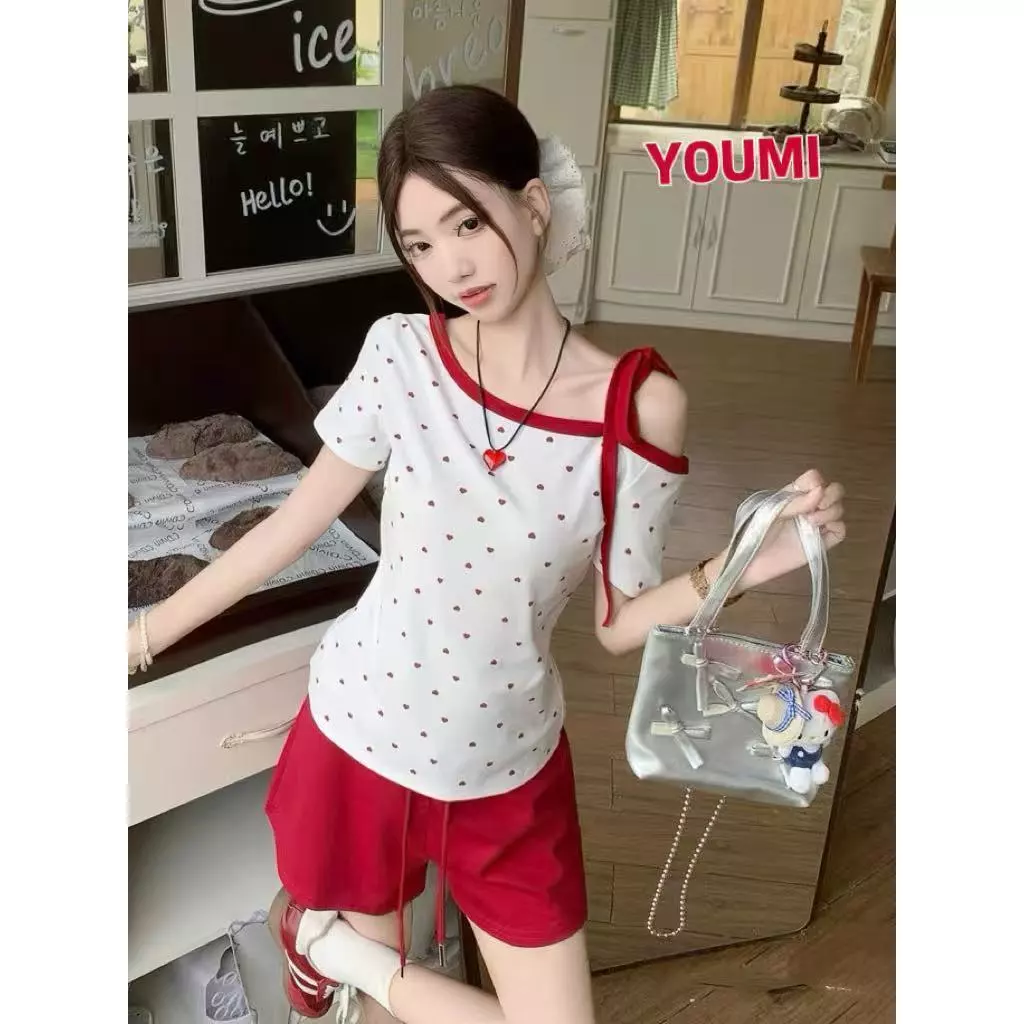 พร้อมส่งในไทย สื้อปาดไหล่ผู้หญิง ลายจุด สไตล์เกาหลี ดีไซน์สุดคลาสสิก สำหรับทุกโอกาส🎀YOUMI