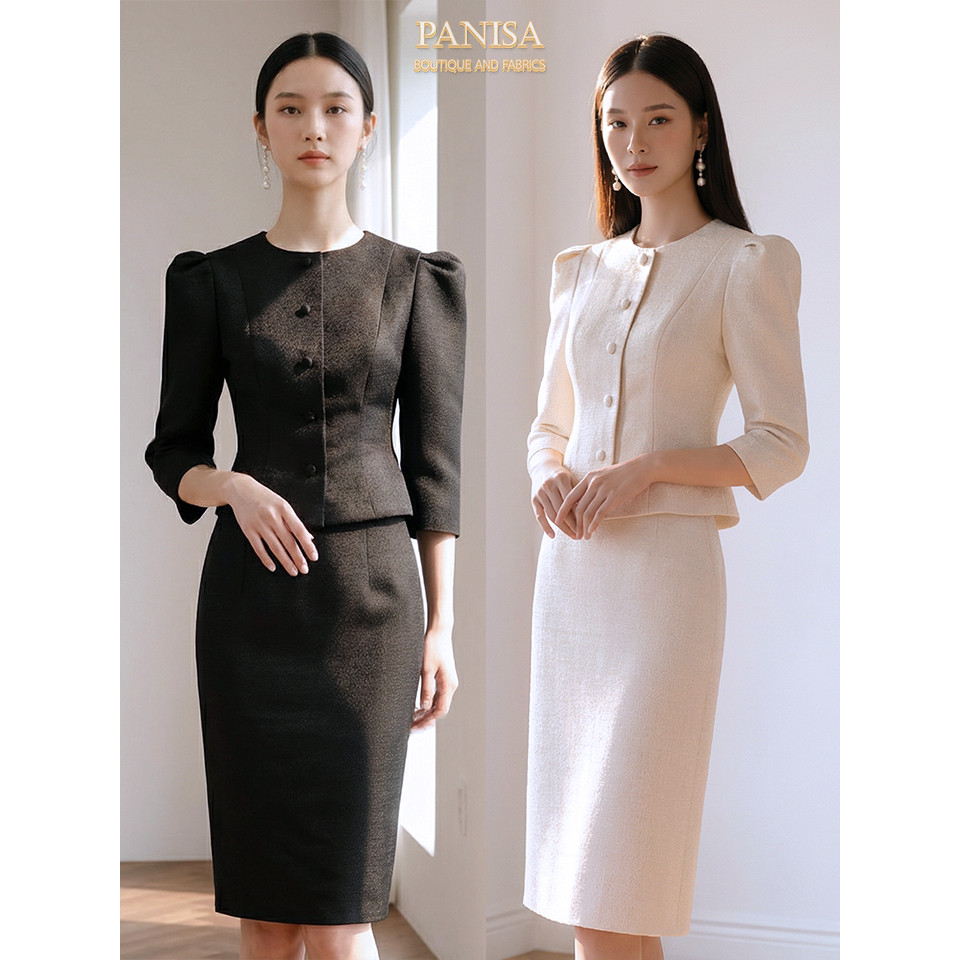Panisa ชุด ขาว-ดำ ชุดผ้าไทยโครงเสื้อสวย สีดำ/สีขาว ใส่ทำงาน พิธีการ สุภาพ เรียบหรู