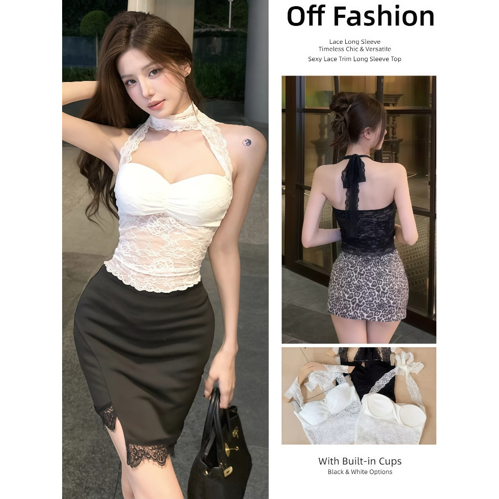 OFF SHOP 🥻ใหม่ 2026【เสื้อคล้องคอ มีฟองน้ำ】ดีไซน์รัดเอว สง่างาม หวานและเซ็กซี่ ดีเทลลูกไม้ (FY2255)