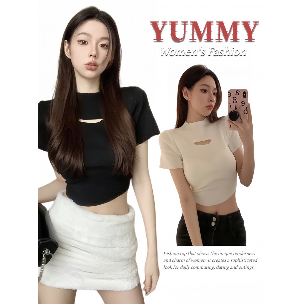 Yummy Shop ㈢ เสื้อไหมพรมผู้หญิงสั้น ดีไซน์เว้าหน้าอก ผ้ายืดรัดรูป สีพื้น เสื้อยืดคอกลม ใช้คู่ได้ทุกชุด‘ 6A88
