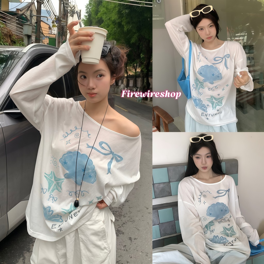 Firewireshop เสื้อยืดแขนยาวผู้หญิงทรงหลวม ลายหอยและทะเล คอกลม ไหล่เปิด ใส่ง่ายเข้ากับทุกชุด-FY2104#1