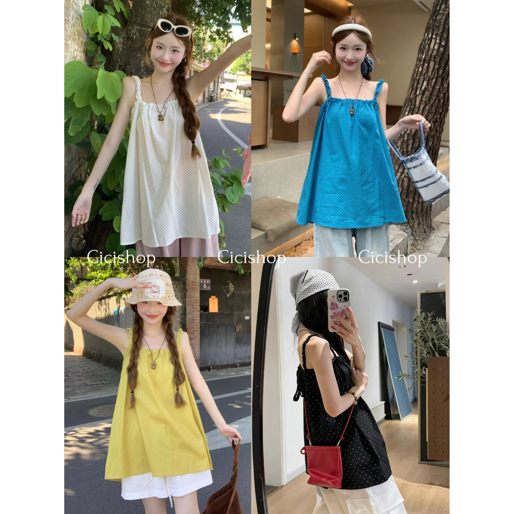 Cicishop(H88159) เสื้อสายเดี่ยวตัวยาวลายPolkadot ดีเทลผูกหลัง สม็อครอบอก สไตล์สาวเวียดนาม