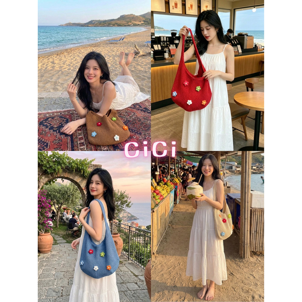 Cicishop(A138) กระเป๋าถักโครเชต์ตาข่ายโปร่ง มีเข็มกลัดดอกไม้แต่งน่ารักๆ จุของได้เยอะ สะพายเดินชายหาดหรือวันหยุดเก๋ๆชิคๆ
