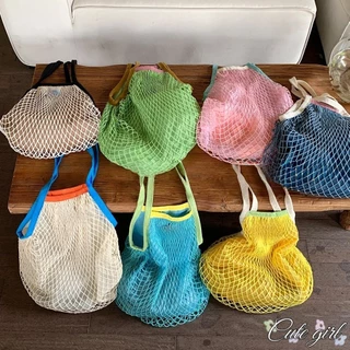 🌳COD🌳กระเป๋าตาข่าย กระเป๋าตาข่ายผ้าฝ้าย กระเป๋าถักชายหาด สะพายข้าง แบบมีซับ สีพื้น สไตล์มินิมอ