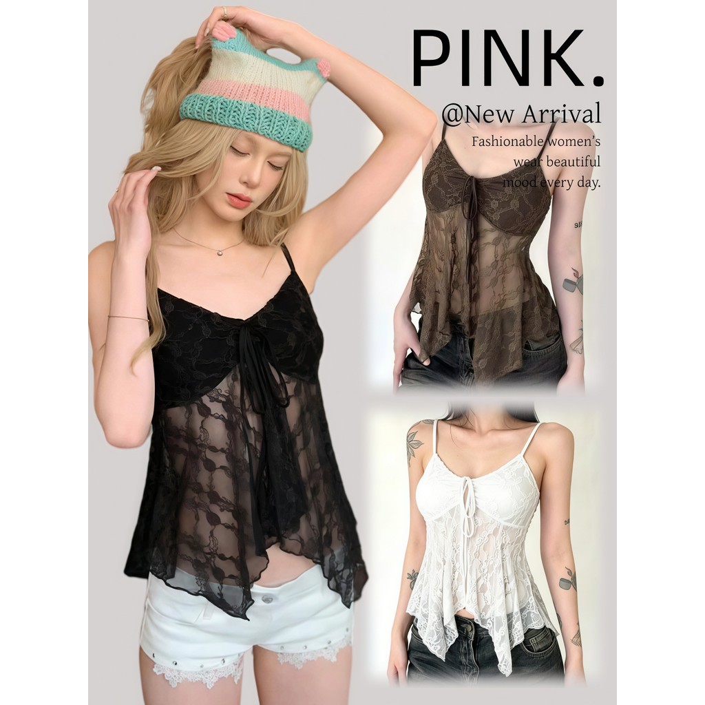 Pink Girl เสื้อสายเดี่ยว เสริมฟองน้ำ ดีไซน์โบว์ผูก ครอป ผ้าลูกไม้ เสื้อสายเดี่ยวคอวีเซ็กซี่ สำหรับเดิน' FY9093#1