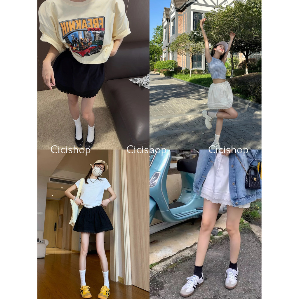 Cicishop(2611) กระโปรงสั้นทรงเกาหลี เอวสม็อคเชือกรูดได้ มีซับใน ผ้าดีมาก ใส่แล้วน่ารักสุดๆ
