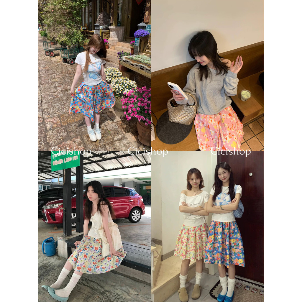 Cicishop(2616) กระโปรงลายดอกไม้สีสดใส สไตล์สาวคาเฟ่เกาหลี ทรงบานน่ารัก ใส่สบายรับซัมเมอร์