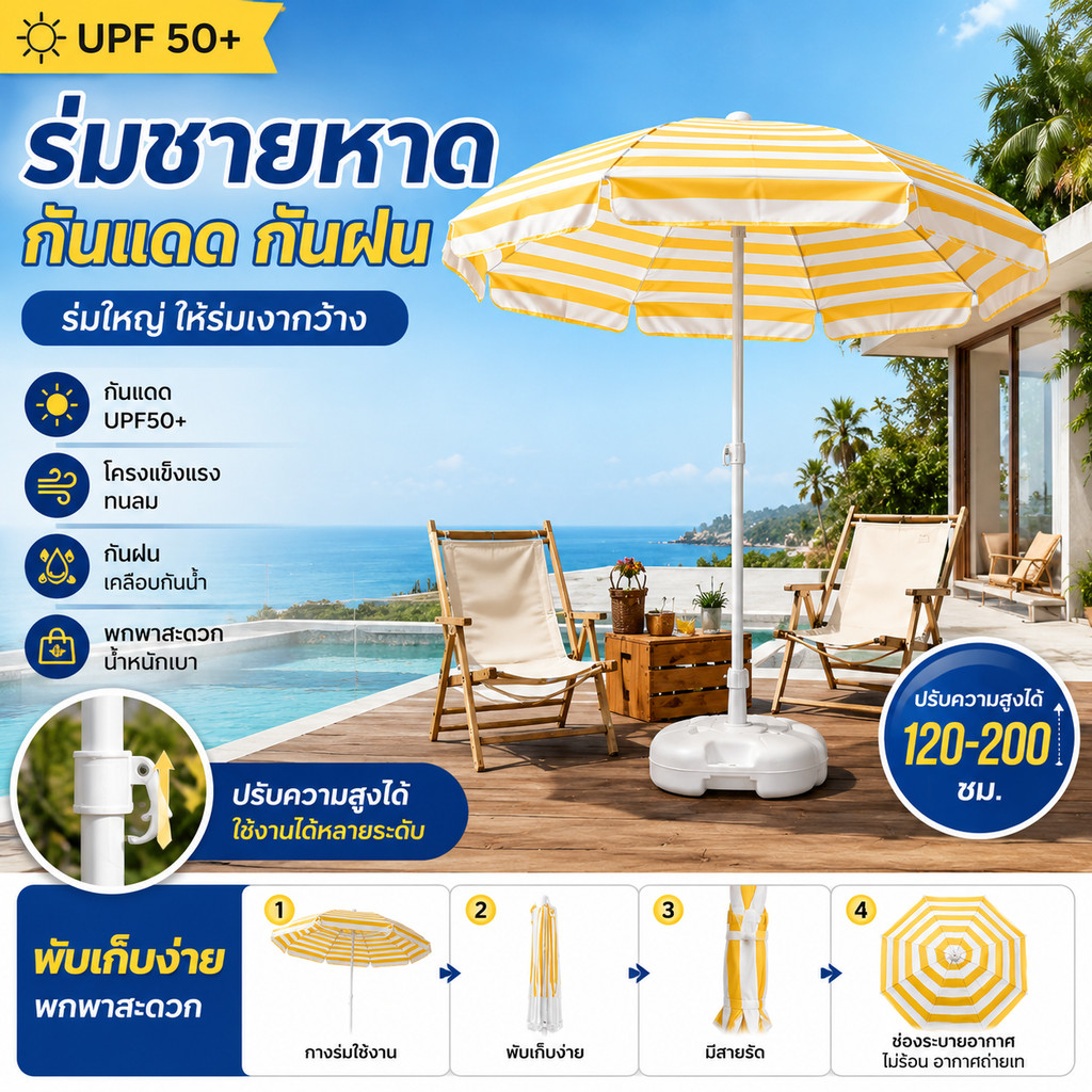 ★พร้อมส่ง★ร่มกันแดดกลางแจ้ง ร่มชายหาด ร่มตกปลา ร่มกันแดดขนาดใหญ่  2.2เมตร