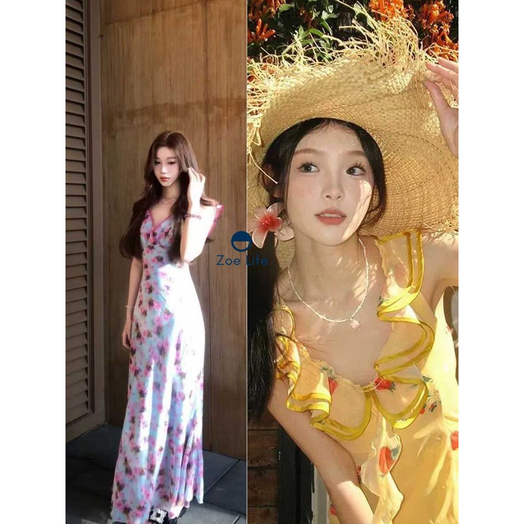 ชุดเดรสคอวี ลายดอกไม้ ระบายชายหรูหรา ดูเพรียวบาง