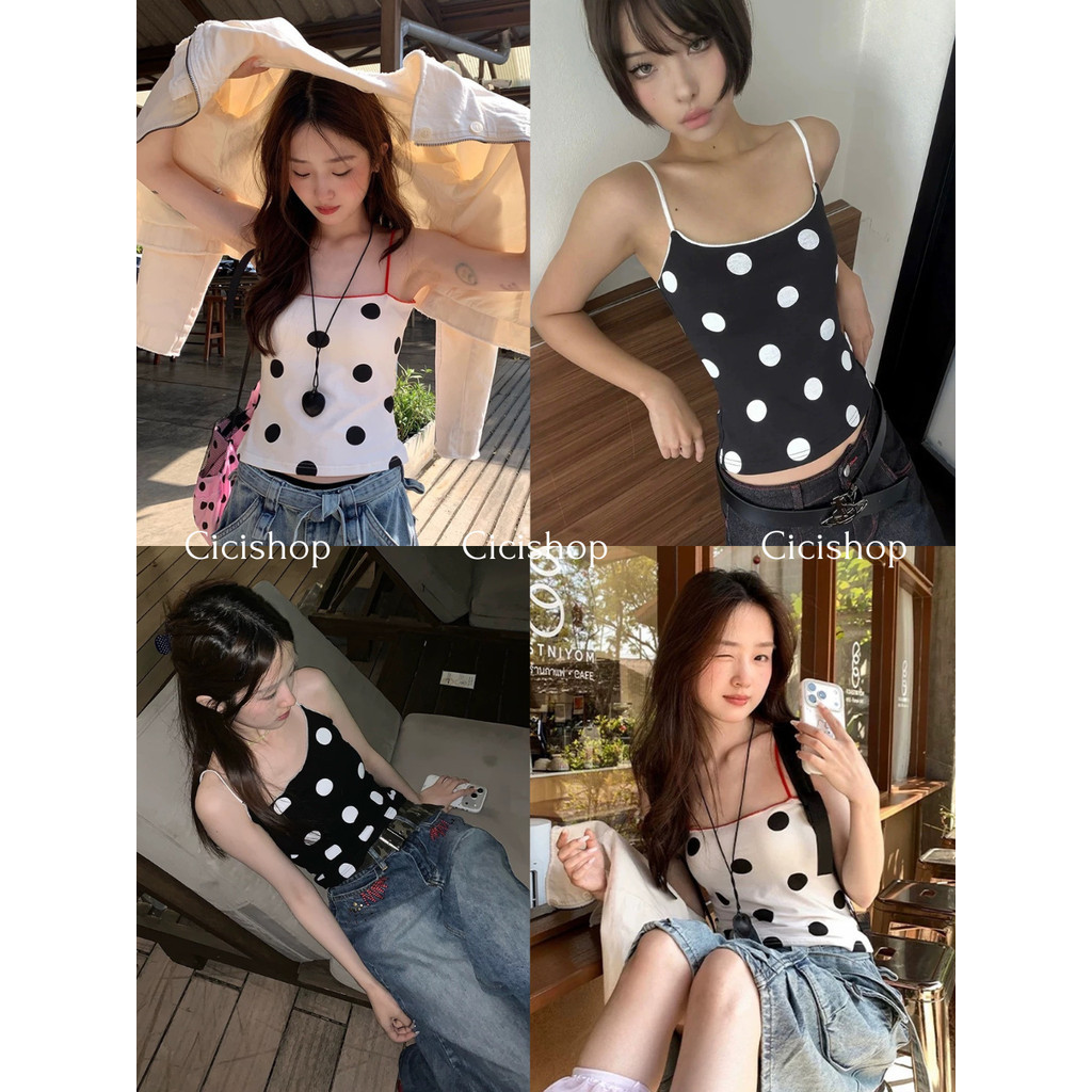 Cicishop(H88170) เสื้อสายเดี่ยว Polkadot สายปรับได้ ดีเทลเข้ารูป สไตล์สาวอเมริกัน