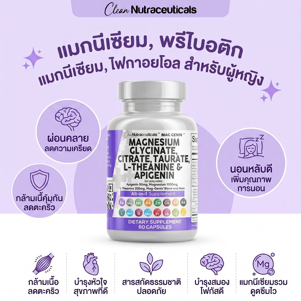 Clean Nutra Mg Genin นอนหลับลึก ลดความเครียด 5ชนิดแมกนีเซียม Apigenin L-theanine ผ่อนคลายกล้ามเนื้อ 60แคป