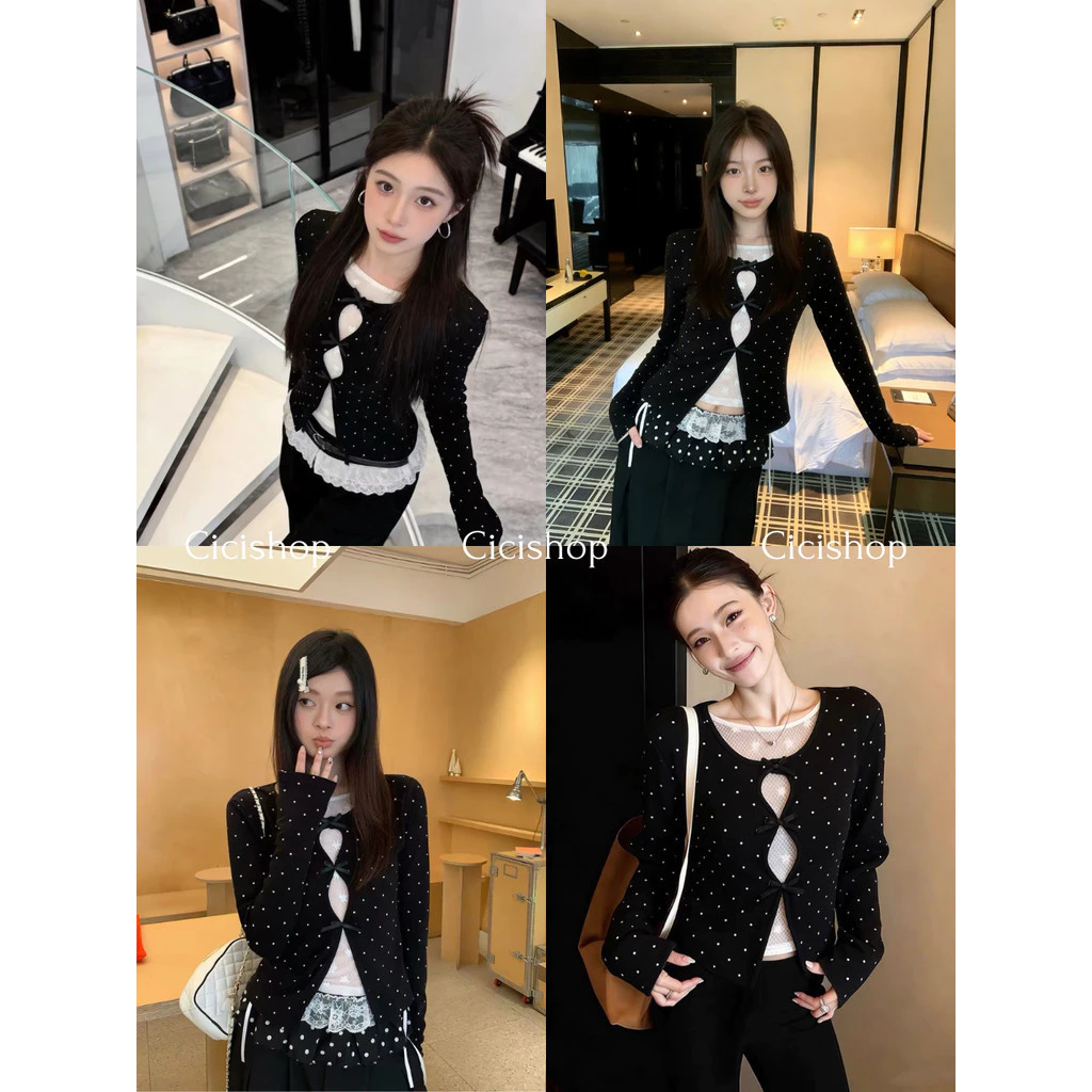 Cicishop(J2706) เสื้อครอปแขนยาว ลายPokadot ดีเทลเย็บติด2ชั้น ด้านในเป็นผ้าลูกไม้ แต่งโบว์ช่วงอกเล็กน้อย สไตล์สาวเกาหลี
