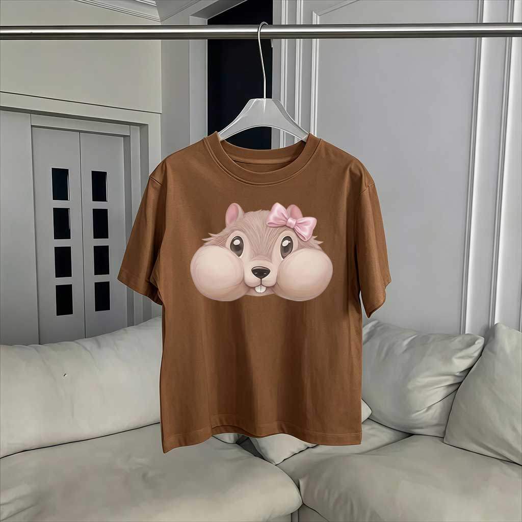 เสื้อ Boxy tee สไตล์เกาหลี ผู้หญิง พิมพ์ลายกระรอกโบว์น่ารัก ทรงกว้าง แขนสั้น ผ้าคอตตอน ใส่สบาย