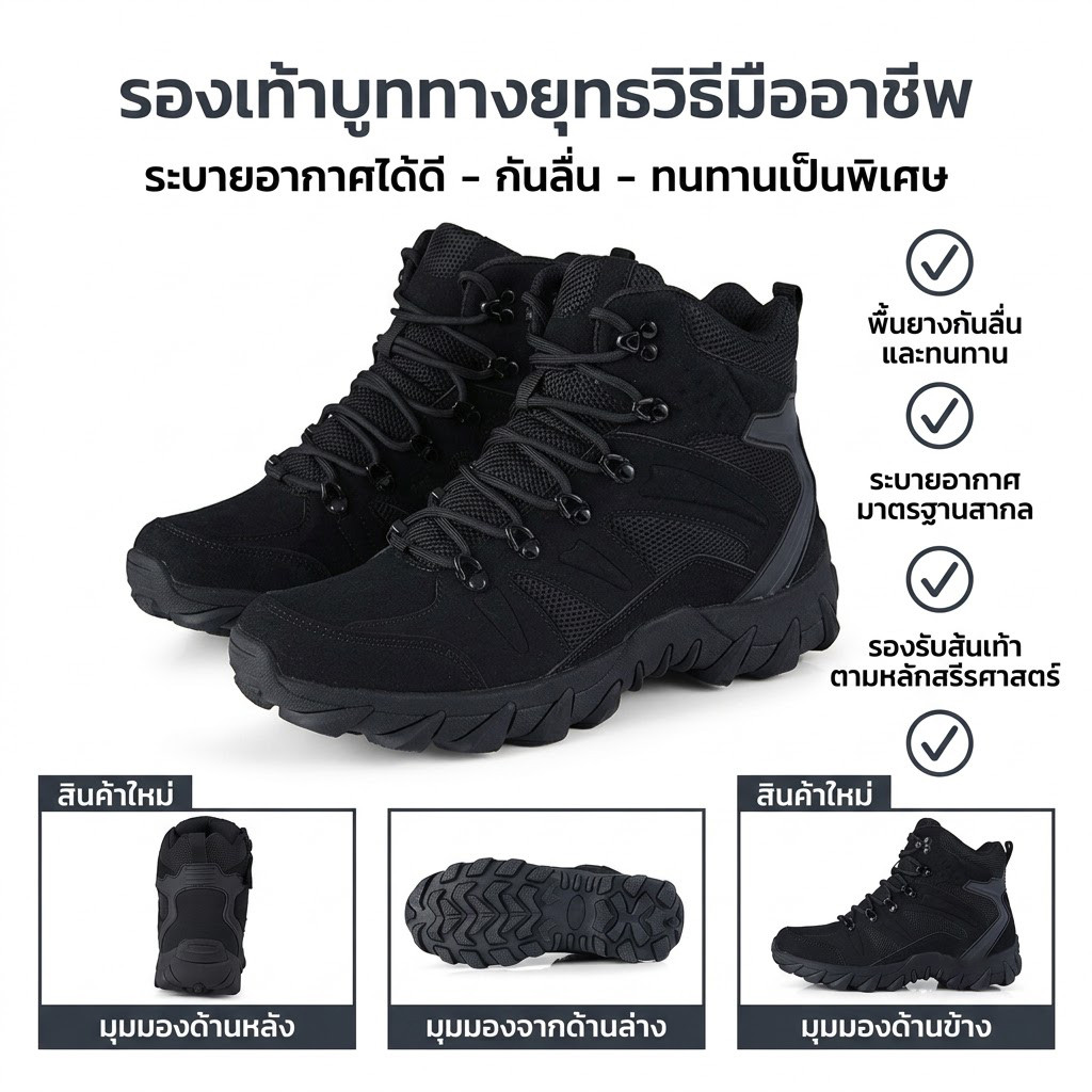 รองเท้ายุทธวิธี รองเท้าคอมแบทผู้ชาย หุ้มข้อ สีดำ ระบายอากาศ กันลื่น น้ำหนักเบา