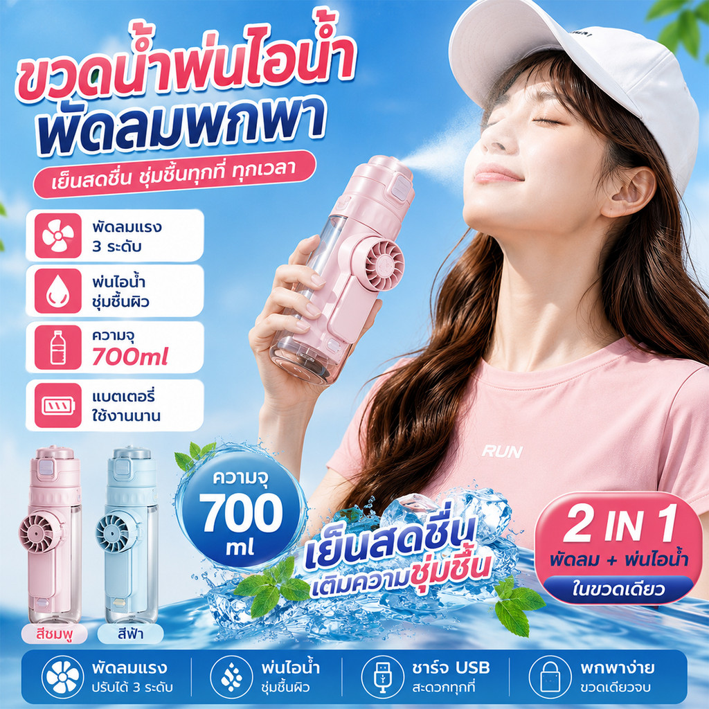 ขวดเดียวครบ ทั้งลมทั้งน้ำ 2 IN 1 พัดลม + พ่นไอน้ำ เย็นสดชื่น พ่นไอน้ำทันที ลมแรง 3 ระดับ เย็นสบายทุกเวลา เติมน้ำครั้งเดี
