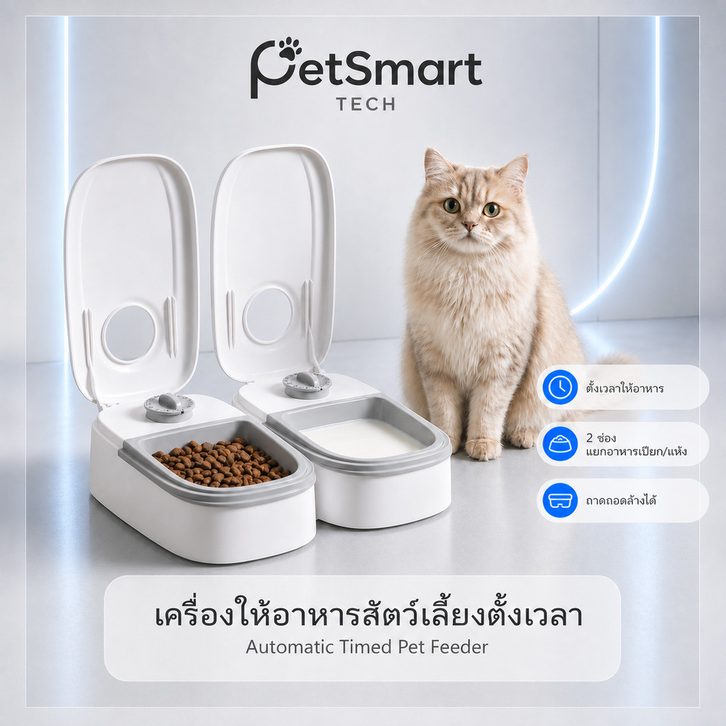 เครื่องให้อาหารสัตว์เลี้ยงอัตโนมัติ 2 ช่อง ตั้งเวลาได้ 48ชม เก็บความสด 24ชม เงียบ 15dB ใช้ได้ทั้งอาหารเม็ดและเปีย