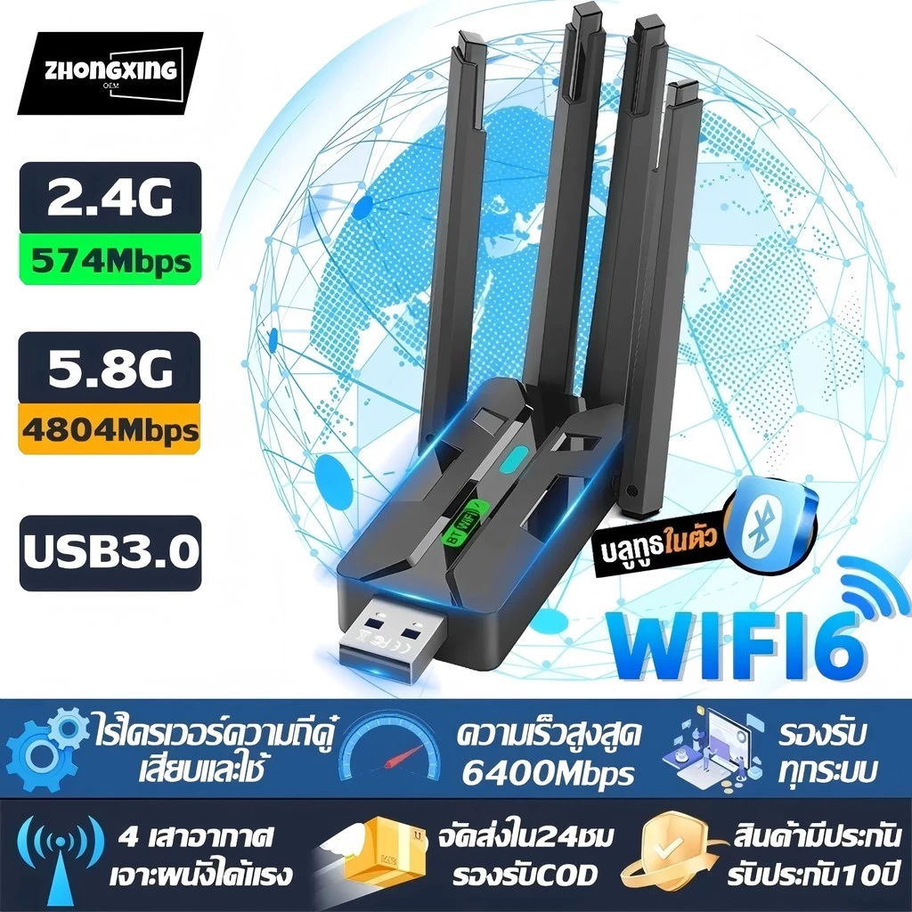 【รับประกัน10ป】USB WIFI อะแดปเตอร์ USB 3.0 WiFi6&Bluetooth 5.4 6400Mbps 4 เสาอากาศ ไร้ไดรเวอร์ความถี่คู๋ 2.4G/5GHz
