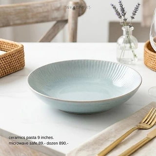 พาสต้า 9 นิ้ว {รุ่นหลุดคิวซี} สียีนส์ลายเส้นขอบตรง ceramics สามารถเข้าเครื่องล้างจานไมโครเวฟได้ปลอดภัย รับประกัน