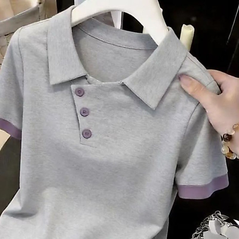 เสื้อยืดผู้หญิงฤดูร้อนใหม่โปโลสลิมมิ่งปุ่มแฟชั่นที่เรียบง่ายหลวมสบายๆด้านบน