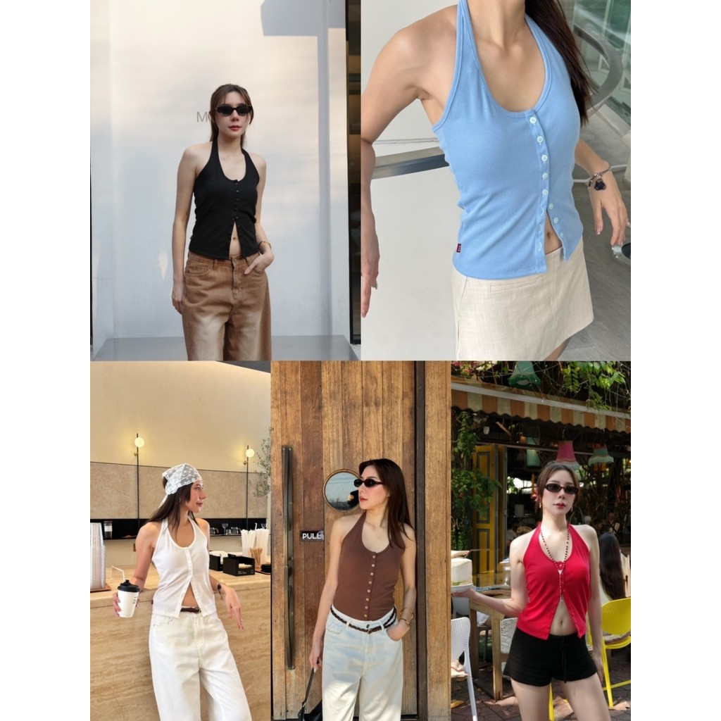 BXB - HARLET TOP เสื้อคล้องคอสีพื้นติดกระดุม