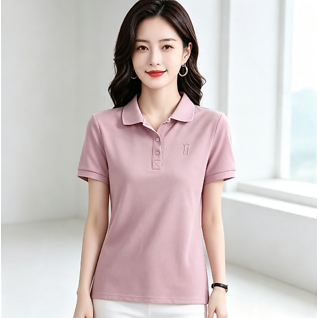เสื้อโปโลแขนสั้นดีไซน์เก๋ไม่ซ้ำใครสำหรับคุณแม่ สไตล์ใหม่สำหรับฤดูร้อน สีพื้นเรียบหรู สวมใส่ได้ทุกวัน ช่วยให้ดูอ่อนเยาว์ล