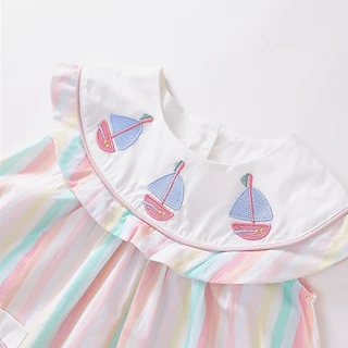 Hania kids พร้อมส่ง ชุดเดรสกระโปรงลายทางสีพาทเทล ลายปัก เนื้อผ้าฝ้าย ชุดเด็กผู้หญิง K4124898