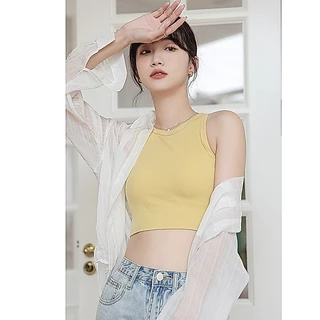 เสื้อกล้ามครอป มีฟองน้ำ เสื้อกล้ามมีบราในตัว เสื้อแขนกุด เนื้อผ้าดี ใส่สบายทรงกระชับ มี10สี ManyCute