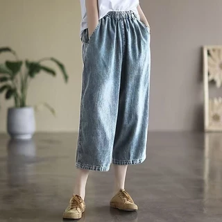 กางเกงยีนส์ 7 ส่วน S-10XL เอวสม็อค กางเกงยีนส์ทรงกระบอกกลาง ผ้านิ่มใส่สบาย
