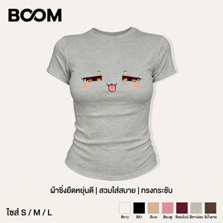 เสื้อ baby tee Y2K ผู้หญิง สไตล์เกาหลี พิมพ์ลายหน้าการ์ตูนอิโมจิแกล้ง แขนสั้น รัดรูป แสดงรูปร่าง ใส่สบาย COD