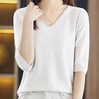 เสื้อกันหนาวถักสำหรับผู้หญิง สไตล์เกาหลี คอวี สวมสบาย