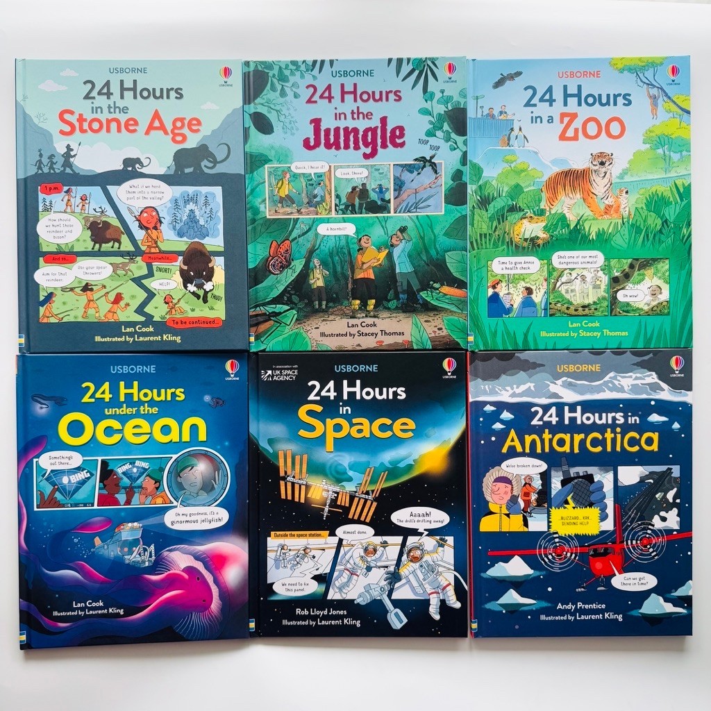 Usborne 24 Hours in the Stone Age/Antarctic/Space/Jungle, 6 Books Collection, Hardcover, Ages:8-12