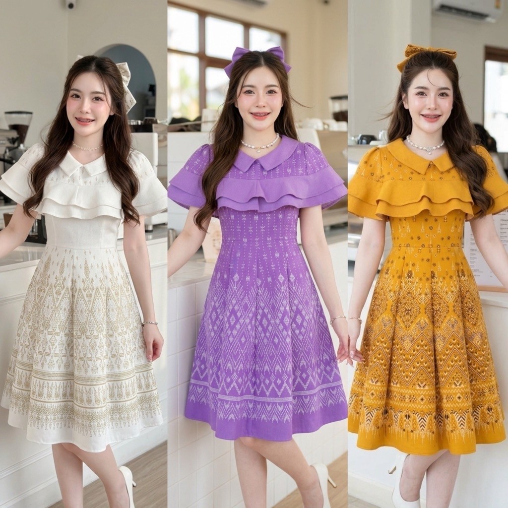 [SRY021]เดรสลายแพรวาแต่งระบายS-7XL