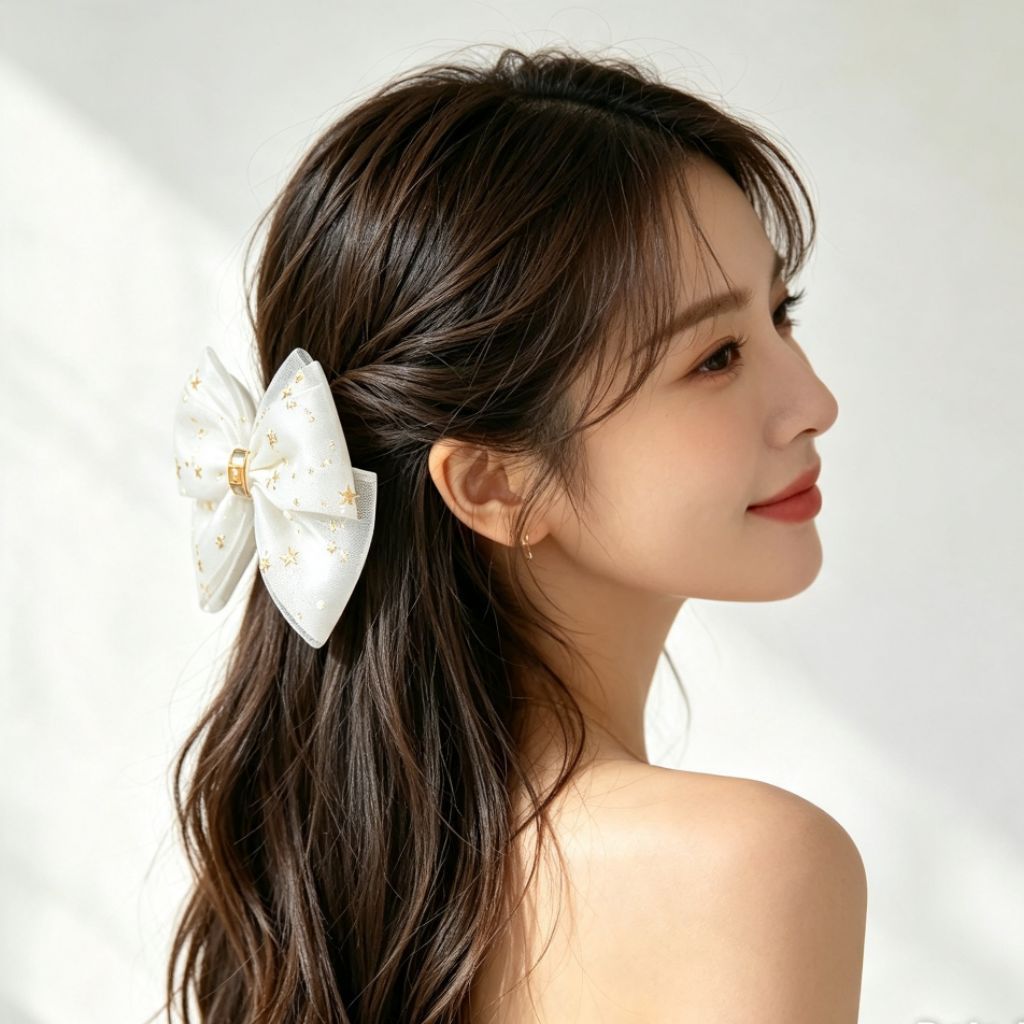 [V55]โบว์ติดผมผ้าลายดาวทอง 4 สี ริบบิ้นและผ้าตาข่ายเนื้อนิ่มประกอบโบว์ติดกิ๊บสปริงและกิ๊บปากเป็ดให้เลือก โบว์ลายดาวทอง