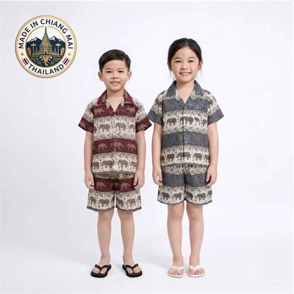 ชุดฮาวายเด็กลายช้าง ชุดสงกรานต์ เสื้อฮาวายพร้อมกางเกง มีไซส์ให้เลือก