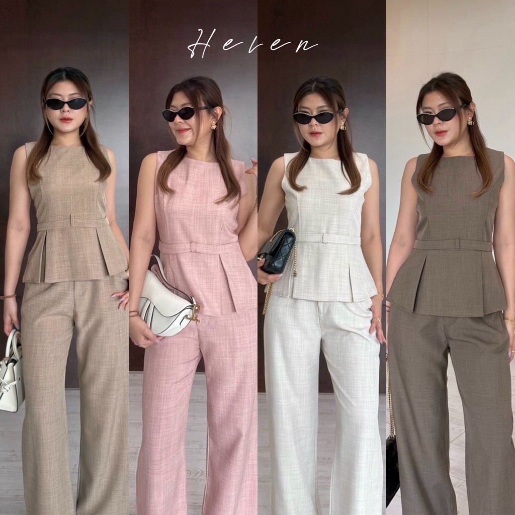 Helen Set 💕🌴ชุดเซ็ต เสื้อพร้อมกางเกงขายาว แต่งดีเทลเข็มขัดแต่งจีบเสื้อ มี5 สี