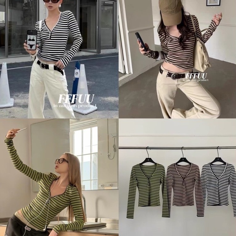 𝗟𝗜𝗡𝗔 𝗦𝗧𝗥𝗜𝗣𝗘 𝗧𝗢𝗣 เสื้อลายทางแขนยาว ลุคสตรีทเกาหลีผ้านุ่ม