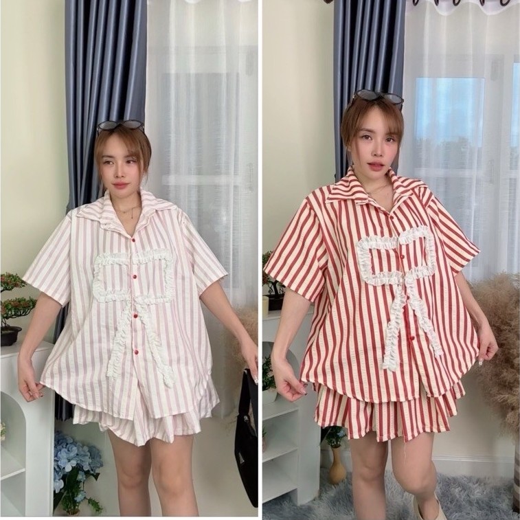 A910 เสื้อเชิตแขนสั้นแต่งโบว์+กระโปรงจีบลายริ้ว