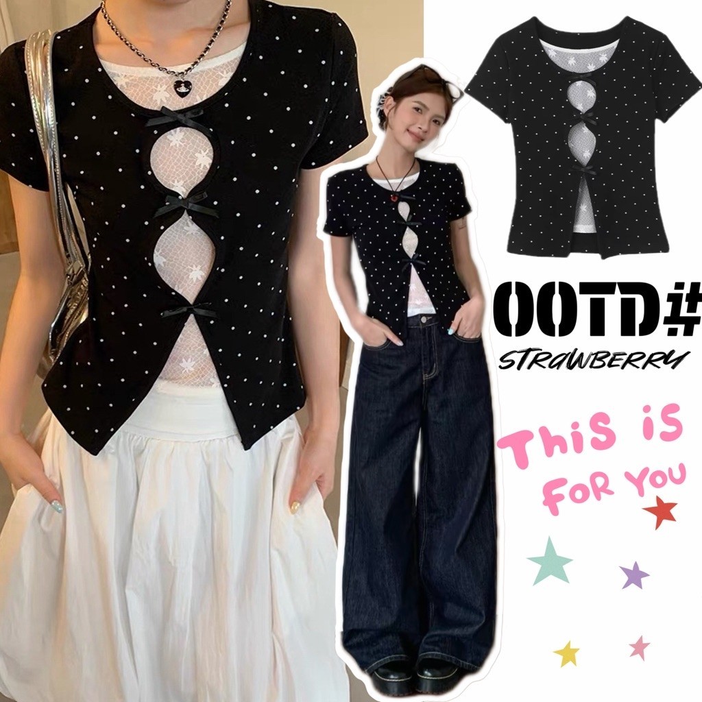 STR พร้อมส่ง เสื้อแขนสั้น เสื้อครอปทรงเข้ารูป แต่งโปร์น่ารัก สายโพกาดอท ดีเทลเย็บติด2ชั้น พร้อมลูกไม้ แฟชั่นผู้หญิง