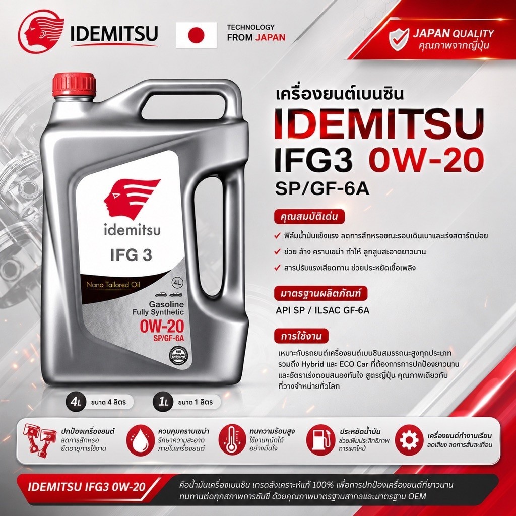 น้ำมันเครื่องรถยนต์เบนซินสังเคราะห์แท้ 100%IDEMITSU IFG3 0W-20 SP/GF-6A  ขนาด 4 ลิตร