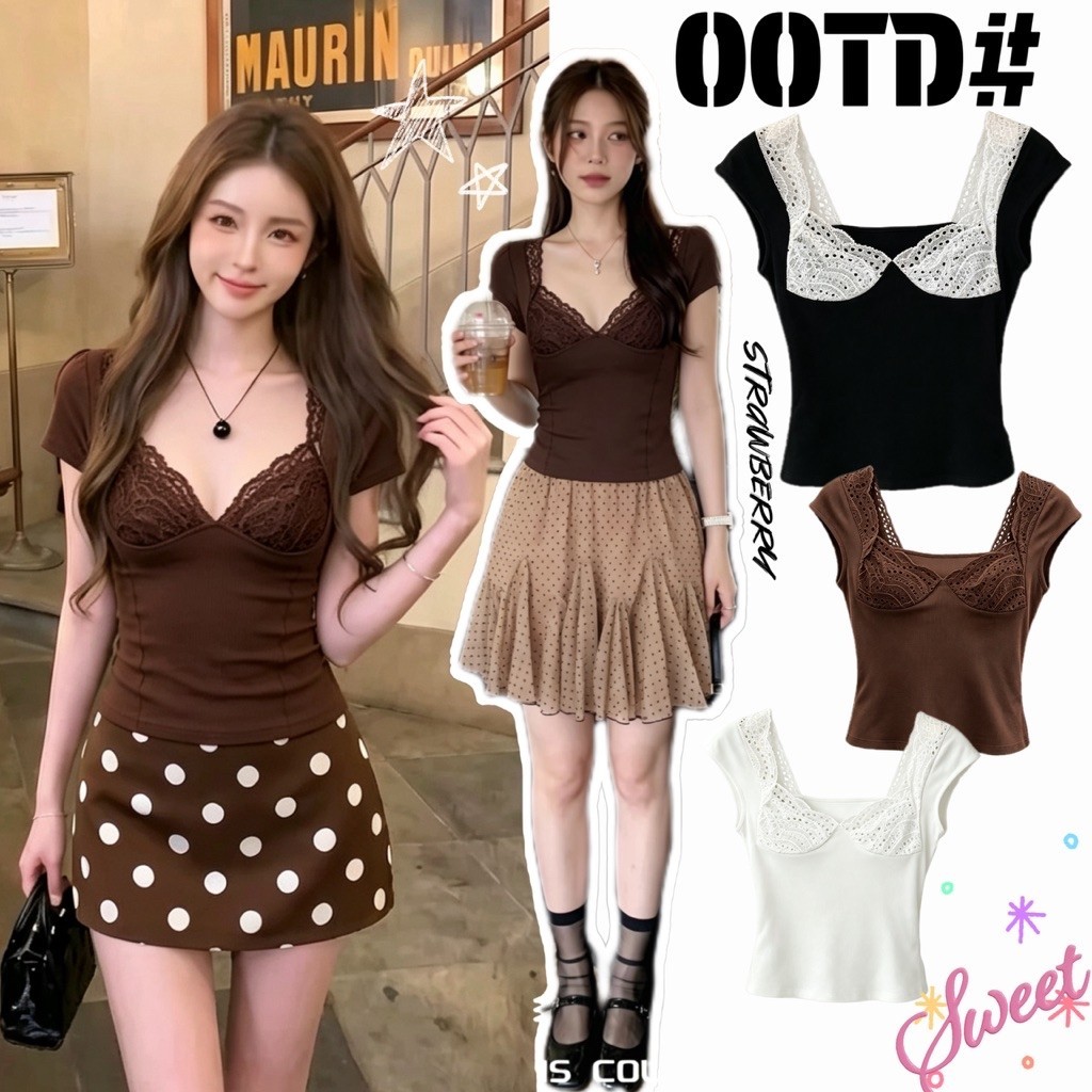 STRพร้อมส่ง เสื้อแขนสั้น คอเหลี่ยมแต่งลูกไม้ โชว์หน้าอก เสื้อยืดทรงเข้ารูปสีน้ำตาล ดีไซน์เก๋ๆ สไตล์ลำลอง แฟชั่นผู้หญิง