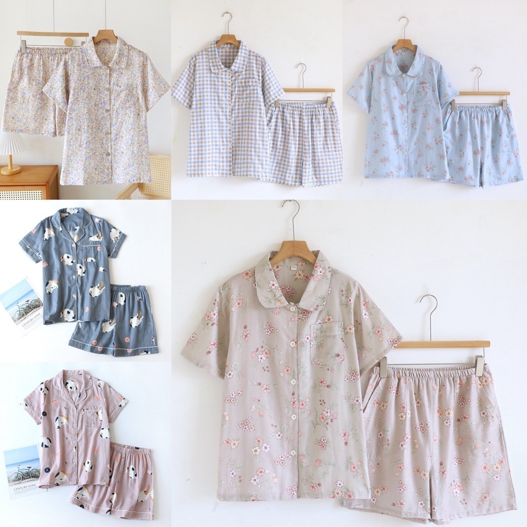 ชุดนอนผ้าฝ้ายมัสลิน เสื้อแขนสั้นกางเกงขาสั้น พร้อมส่ง
