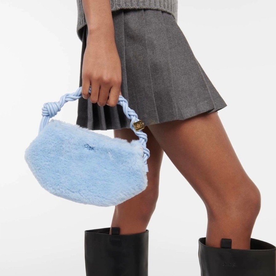 Ganni mini bou faux fur crossbody bag light blue