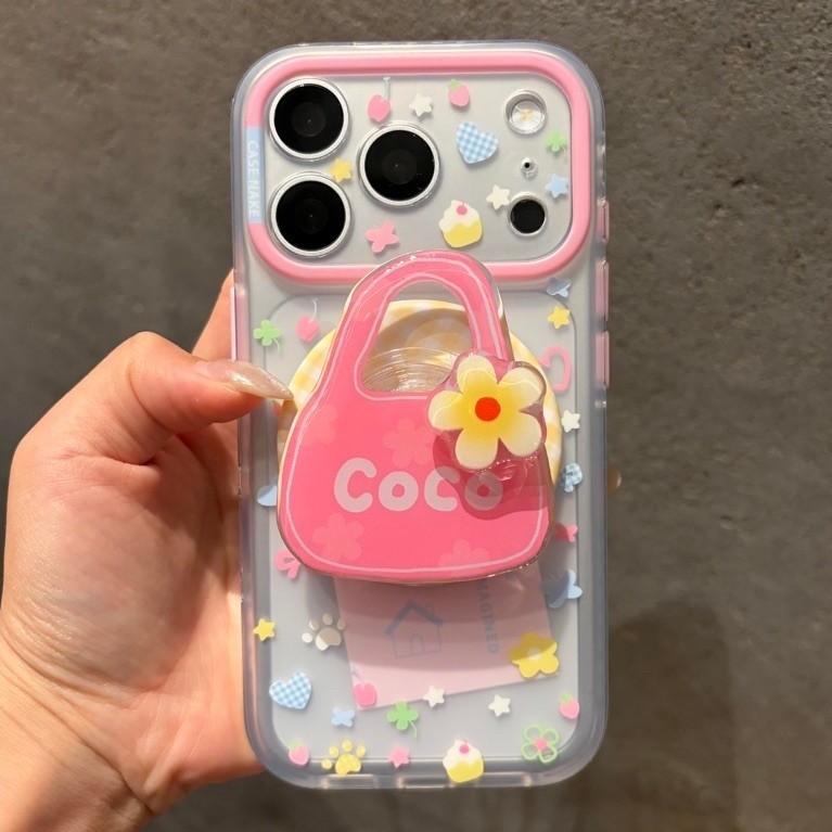 [15-17pm] เคสกระเป๋าชมพูCoCo ดอกไม้หมุน + Griptok แม่เหล็ก