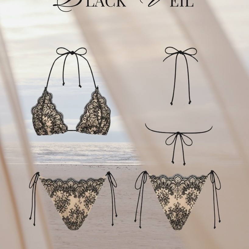 BLACK VEIL 🖤 Bikini Set ตกแต่งด้วยผ้าลูกไม้ลายดอกไม้สีดำ