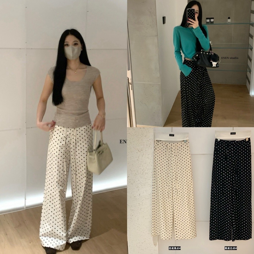 10954# กางเกงขายาวลาย polka dot มีเชือกรูดช่วงเอว มีกระเป๋าล้วงข้าง เนื้อผ้าดีงานสวย TAG:WG.WE 🇰🇷