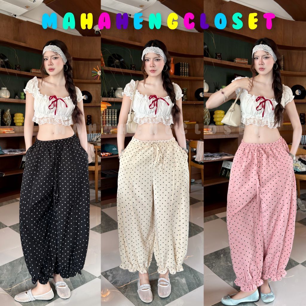 Mahahengcloset กางเกงขาจั๊มชายระบาย ผ้าครัชลายจุด เพิ่มลูกเล่นด้วยตีเกล็ดหน้า ช่วยให้ทรงน่ารัก ใส่สบาย สาวอวบใส่ได้