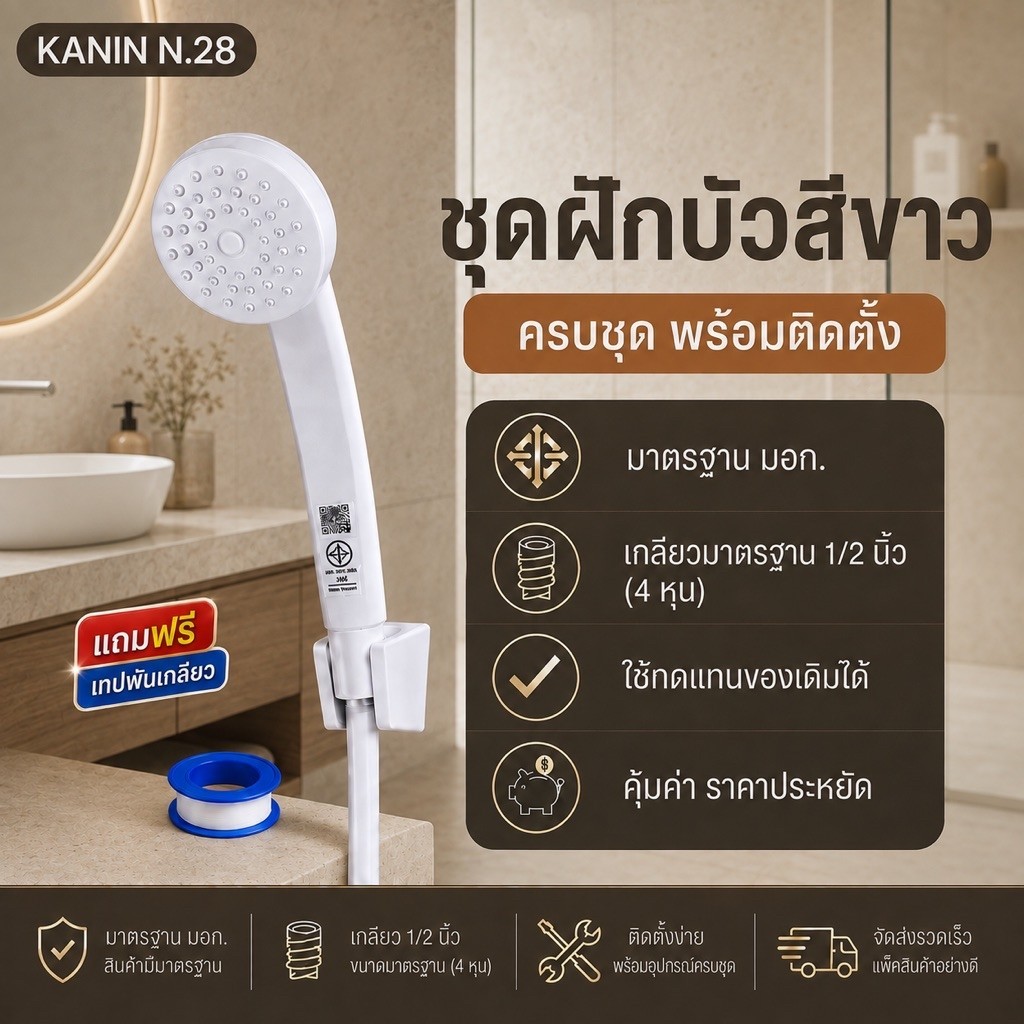 ขายดี <มี มอก. > ชุดฝักบัวสีขาว ฝักบัวอาบน้ำ ฝักบัว สีขาว อุปกรณ์พร้อมติดตั้ง(ชุดคุ้มประหยัด)