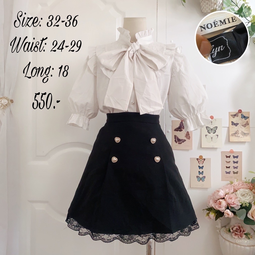 set 2 ชิ้น  เสื้อโพลีคอผูกโบว์ #noemie + กระโปรง #evelyn แต่งกระดุมหัวใจทั้งคู่ค่ะ