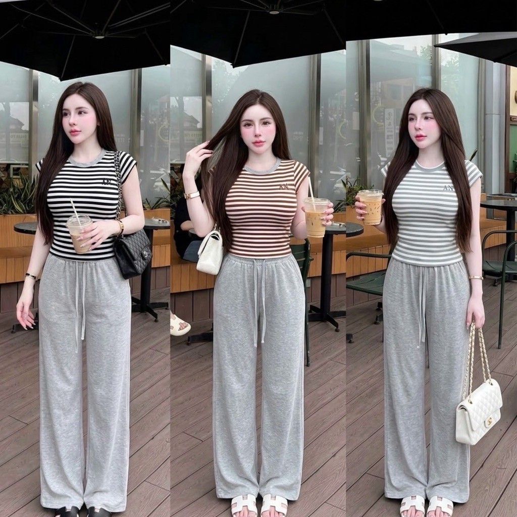 พร้อมส่ง ชุดเซ็ท2ชิ้น เสื้อลายทาง+กางเกงขายาวผ้าวอม ใส่สบาย